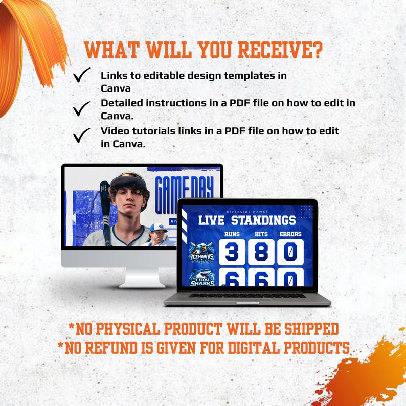 May include: A computer monitor and laptop showing sports graphics. The monitor displays a baseball player with "GAMEDAY." The laptop shows "LIVE STANDINGS" with scores. Text states: "WHAT WILL YOU RECEIVE?" and "NO PHYSICAL PRODUCT WILL BE SHIPPED."