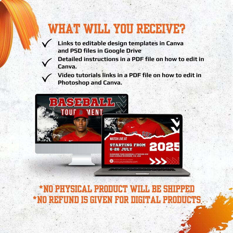 Puede incluir: Anuncio de producto digital con una computadora de escritorio y una computadora port&aacute;til que muestra gr&aacute;ficos de torneos de b&eacute;isbol. El texto incluye "&iquest;Qu&eacute; recibir&aacute;s?" y detalles sobre plantillas de dise&ntilde;o, instrucciones y tutoriales en v&iacute;deo. La pantalla del port&aacute;til muestra "Ver en directo" y el a&ntilde;o 2025.