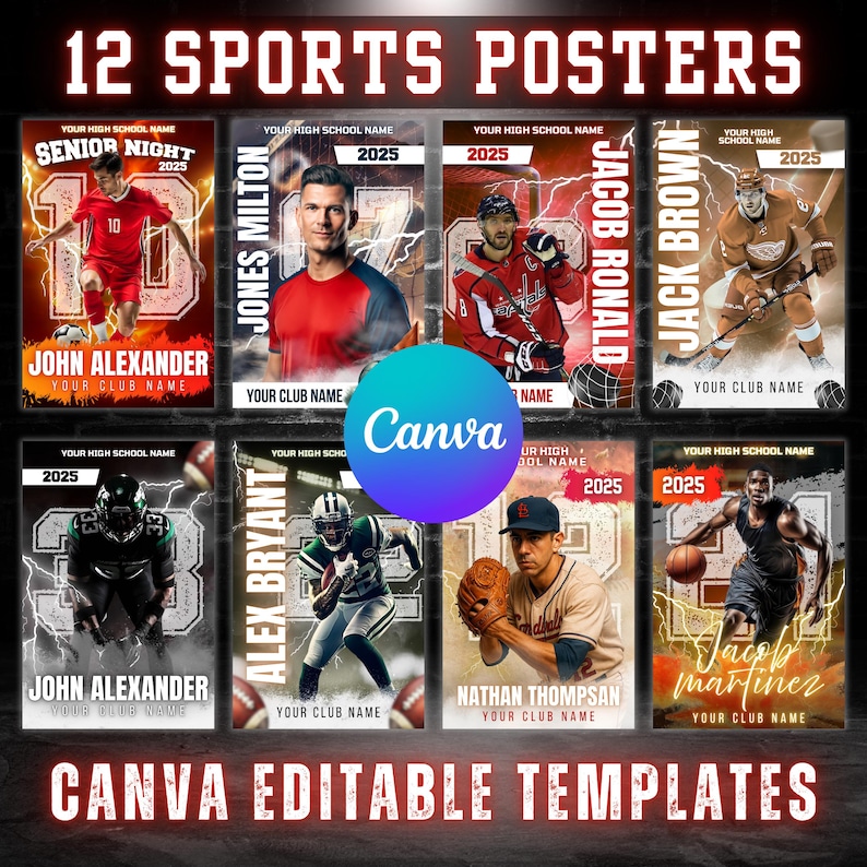 May include: A collection of 12 sports poster templates. Each poster features a different sport, including soccer, football, hockey, baseball, and basketball. The posters have space for customization with names, dates, and team information.