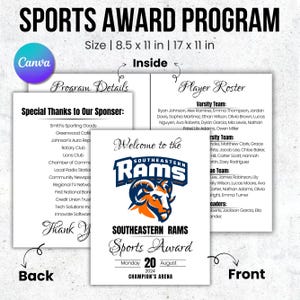 Peut inclure: Un programme de remise de prix sportifs avec le texte "SPORTS AWARD PROGRAM" en haut. Le programme comprend une "Liste des joueurs", des "Détails du programme" et une section "Bienvenue aux SOUTHEASTERN RAMS Sports Award". Le programme mesure 21,6 x 27,9 cm et 43,2 x 27,9 cm.