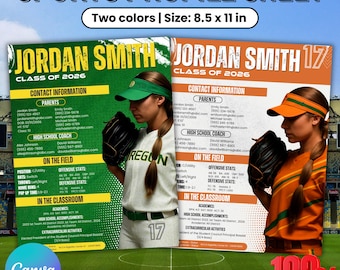 Può includere: Foglio del profilo sportivo in due colori, 8,5 x 11 pollici. Il foglio presenta una foto di una giocatrice di softball e include informazioni di contatto, statistiche sul campo e risultati accademici. Il design è modificabile.