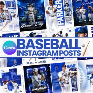 May include: A collage of baseball-themed Instagram posts in blue and white. The posts include baseball players, game day graphics, and text that reads "BASEBALL INSTAGRAM POSTS" and "GAME DAY".