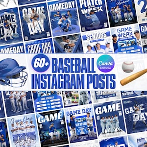 Op de afbeelding: Een verzameling Instagram-posts met honkbalthema's in blauw en wit. De afbeelding bevat een honkbalhelm, een honkbal en een knuppel. Tekst op de afbeelding luidt "60+ Baseball Instagram Posts" en "Canva Editable."