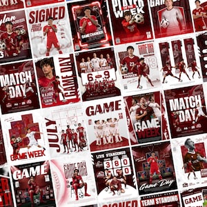 Puede incluir: Una colección de carteles deportivos con los Riverside Hawks en uniformes rojos y blancos. Los diseños incluyen texto como Game Day, Match Day y Game Week, mostrando jugadores en acción, clasificaciones y calendarios con balones.