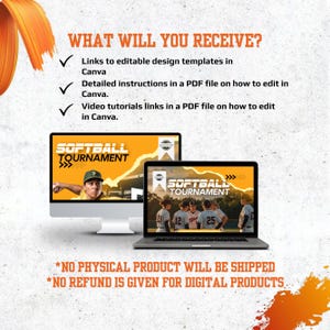 Pode incluir: Uma listagem de produto digital com um monitor de computador e um port&aacute;til exibindo gr&aacute;ficos de torneio de softball. O texto inclui WHAT WILL YOU RECEIVE, links para modelos Canva, instru&ccedil;&otilde;es em PDF, tutoriais em v&iacute;deo e aviso de n&atilde;o envio f&iacute;sico.