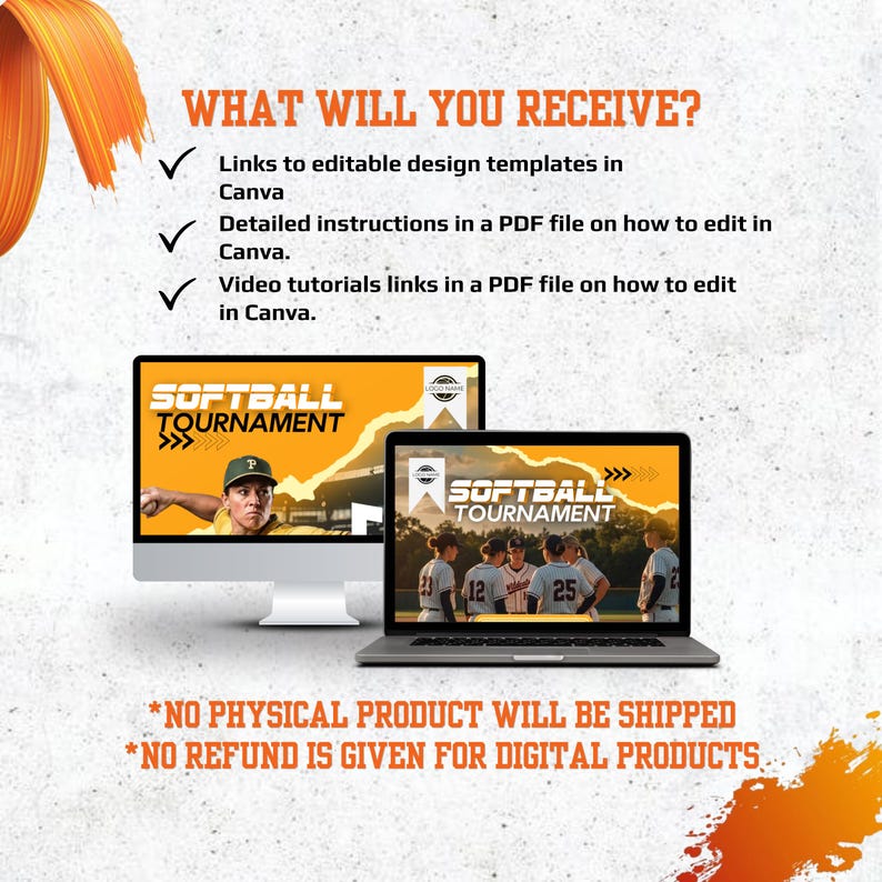 Pode incluir: Uma listagem de produto digital com um monitor de computador e um port&aacute;til exibindo gr&aacute;ficos de torneio de softball. O texto inclui WHAT WILL YOU RECEIVE, links para modelos Canva, instru&ccedil;&otilde;es em PDF, tutoriais em v&iacute;deo e aviso de n&atilde;o envio f&iacute;sico.