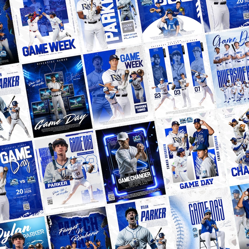 May include: A selection of baseball posters in blue and white. Each poster displays baseball players, team logos, and text including "Game Day," "Game Week," and player names. The posters are designed for sports fans.