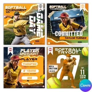 Softball Game Day Flyer, Softball Tryout Flyer, Softball Player Spotlight Flyer, Sports Commited Flyer Softball Flyers Bundle Canva Template