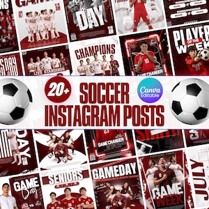 以下が含まれることがあります： 赤と白の配色、様々な選手のプレー写真、"Champions"や"Gameday"などの太字のタイポグラフィ、サッカーボールが特徴的な、20種類以上のサッカー用Instagram投稿テンプレートのデジタルコレクション。
