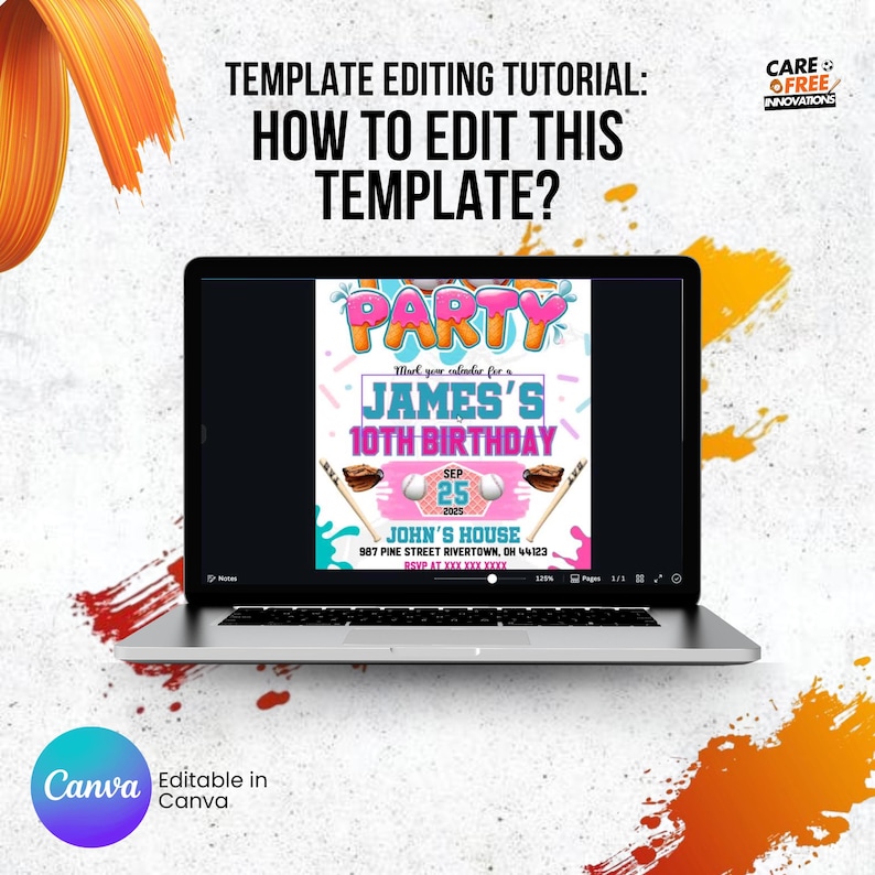 May include: A laptop displays a birthday party invitation template. The invitation reads "JAMES'S 10TH BIRTHDAY" with the date "SEP 25 2025". The laptop is open on a white surface with orange and yellow paint strokes.