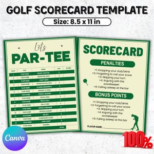 Pode incluir: Modelo de cartão de pontuação de golfe em verde e branco. Inclui seções para "PAR-TEE" e "SCORECARD", com espaços para nomes de jogadores, penalidades e pontos de bônus. Tamanho: 21,6 x 27,9 cm.