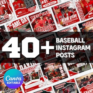 Puede incluir: Una colecci&oacute;n de m&aacute;s de 40 publicaciones de Instagram con tem&aacute;tica de b&eacute;isbol. Las publicaciones presentan dise&ntilde;os rojos y blancos con fotos de jugadores, logotipos de equipos e informaci&oacute;n del torneo. Tambi&eacute;n se incluye la plantilla editable de Canva.