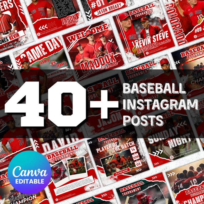 Puede incluir: Una colecci&oacute;n de m&aacute;s de 40 publicaciones de Instagram con tem&aacute;tica de b&eacute;isbol. Las publicaciones presentan dise&ntilde;os rojos y blancos con fotos de jugadores, logotipos de equipos e informaci&oacute;n del torneo. Tambi&eacute;n se incluye la plantilla editable de Canva.