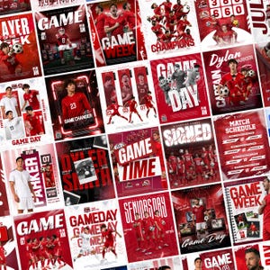 Pode incluir: Uma colagem de cartazes esportivos dos Riverside Hawks, exibindo jogadores com uniformes vermelhos, calendários de jogos e gráficos de dia de jogo com texto branco em negrito, fundos vermelhos e fotos de ação de jogadores de futebol.