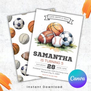 Lets Have A Ball, Editable Sports Birthday Invitation, Sports Party, Football Soccer Basketball Baseball Birthday invite, Digital Invitation