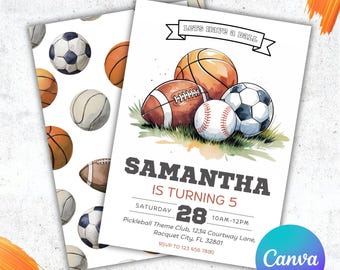 Lets Have A Ball, Editable Sports Birthday Invitation, Sports Party, Football Soccer Basketball Baseball Birthday invite, Digital Invitation
