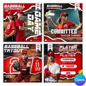 Baseball Game Day Flyer, Baseball Tryout Flyer, Baseball Player Spotlight Flyer, Sports Commited Flyer Baseball Flyers Bundle Canva Template