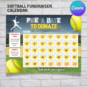 Softball Fundraising Calendar 2025, Sports Fundraiser DIY, Pick a Date To Donate Tracker Fundraiser Template 8.5x11, Black Out My Board