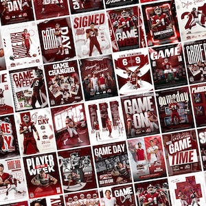 Puede incluir: Un collage de carteles deportivos con jugadores de fútbol americano en uniformes rojos y blancos. Los diseños incluyen tipografía llamativa con frases como Game Day, Game Week y Player of the Week, junto con fotos de acción de atletas en movimiento.