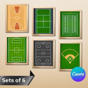Sport Fields Wall Art Template, Sport Bedroom Decor, Set Of 6,Basketball Court, Hockey Rink, Football Field, Baseball Diamond,Boy Room Decor