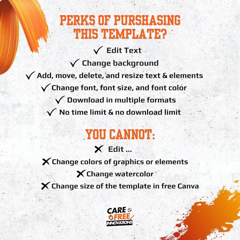 May include: A graphic with text listing the perks of purchasing a template, including editing text, changing the background, and downloading in multiple formats. The graphic also lists what you cannot do, such as editing or changing the size of the template. The Care Free Innovations logo is at the bottom.