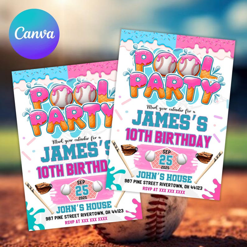 May include: Two invitations for a pool party and 10th birthday. The design features the words "POOL PARTY" in pink and orange, baseballs, and the text "JAMES'S 10TH BIRTHDAY". The invitations include the date, location, and RSVP information.