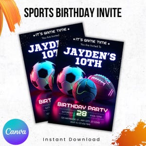 Sports Birthday Invitation, Sports Invites, Neon Theme Invite, Sports Theme Invite, Canva Editable Template, Instant Download