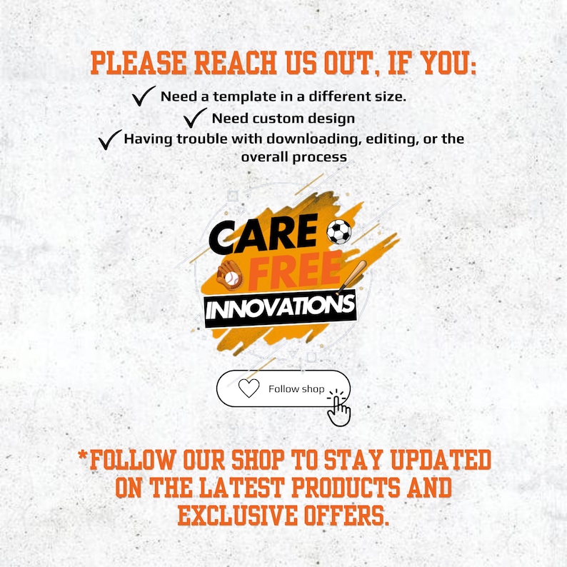 Puede incluir: Imagen con texto que dice: "POR FAVOR, CONT&Aacute;CTENOS, SI USTED: Necesita una plantilla en un tama&ntilde;o diferente. Necesita un dise&ntilde;o personalizado. Tiene problemas con la descarga, edici&oacute;n o el proceso general." Tambi&eacute;n est&aacute; presente el texto "CARE FREE INNOVATIONS".