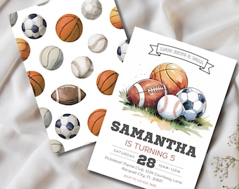 Lets Have A Ball, Editable Sports Birthday Invitation, Sports Party, Football Soccer Basketball Baseball Birthday invite, Digital Invitation