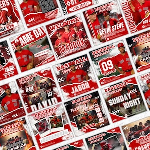 Puede incluir: Una colecci&oacute;n de gr&aacute;ficos promocionales de torneos de b&eacute;isbol en rojo y blanco. Cada gr&aacute;fico presenta fotos de jugadores, nombres de equipos y detalles del torneo. El texto incluye "Game Day", "Welcome" y nombres de jugadores como Jason y David.