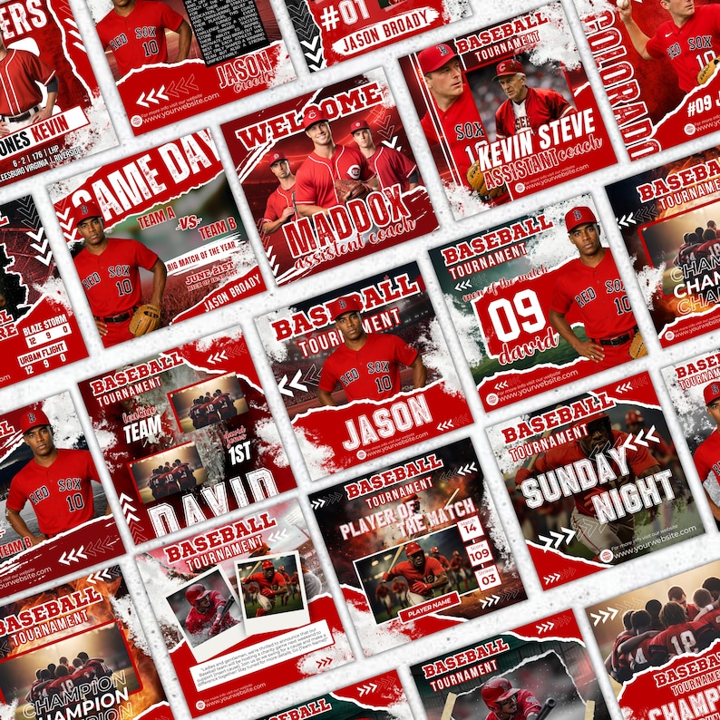 Puede incluir: Una colecci&oacute;n de gr&aacute;ficos promocionales de torneos de b&eacute;isbol en rojo y blanco. Cada gr&aacute;fico presenta fotos de jugadores, nombres de equipos y detalles del torneo. El texto incluye "Game Day", "Welcome" y nombres de jugadores como Jason y David.