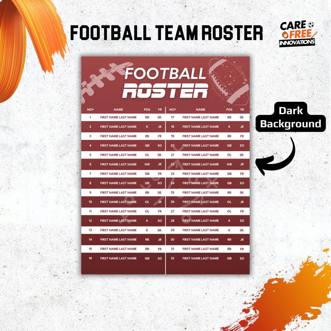 Football Roster Template, Team Roster Template, Football Template ...