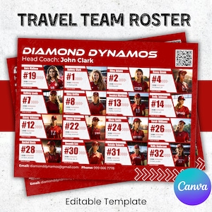 Travel Team Recruit Roster, Custom Team Roster Template For Any Sports Softball, Baseball, Basketball, Athlete Profile, Canva Template