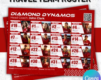 16 Spieler Travel Team Rekrut Roster, Benutzerdefinierte Team Roster Vorlage für jede Sportart Softball, Baseball, Basketball, Athletenprofil, Canva