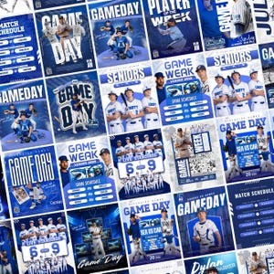 Può includere: Una collezione di poster blu e bianchi per il giorno della partita di baseball. Ogni poster presenta foto della squadra, programmi delle partite e le parole "Game Day", "Seniors" e "Game Week". I poster sono per i Riverside Hawks.