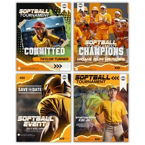Pode incluir: Um conjunto de quatro folhetos promocionais de torneios de softbol com uniformes de equipe laranja e amarelos, jogadores em a&ccedil;&atilde;o e texto incluindo Softball Tournament, Committed, Champions, Home Run Heroes, Save The Date.