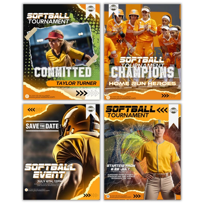 Pode incluir: Um conjunto de quatro folhetos promocionais de torneios de softbol com uniformes de equipe laranja e amarelos, jogadores em a&ccedil;&atilde;o e texto incluindo Softball Tournament, Committed, Champions, Home Run Heroes, Save The Date.