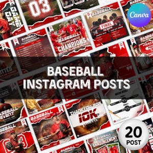 Könnte beinhalten: Eine Sammlung von 20 roten und schwarzen Baseball-Instagram-Post-Vorlagen mit dem Text "Baseball Instagram Posts" und "20 Post".
