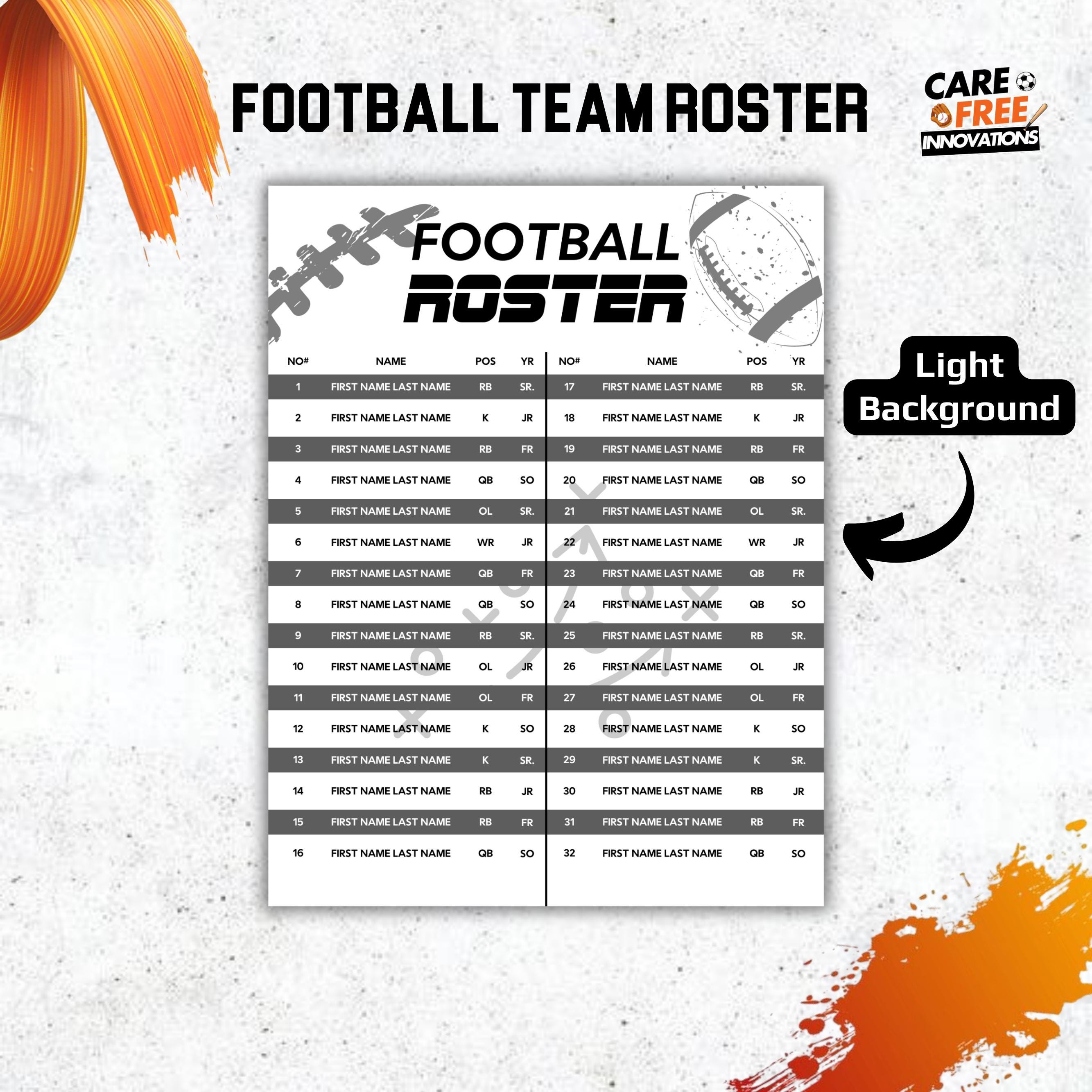 Football Roster Template, Team Roster Template, Football Template ...
