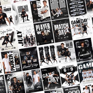 May include: A collection of sports graphic templates featuring football players in various poses, including action shots and portraits, with bold typography displaying text such as Game Day, Player of the Week, and Match Day in black and white.