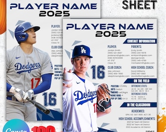 Sports Profile Sheet Template, Athlete Player Profile Sheet Resume, Sports Recruiting Card, Softball Player, Athletic Resume, Sports Resume
