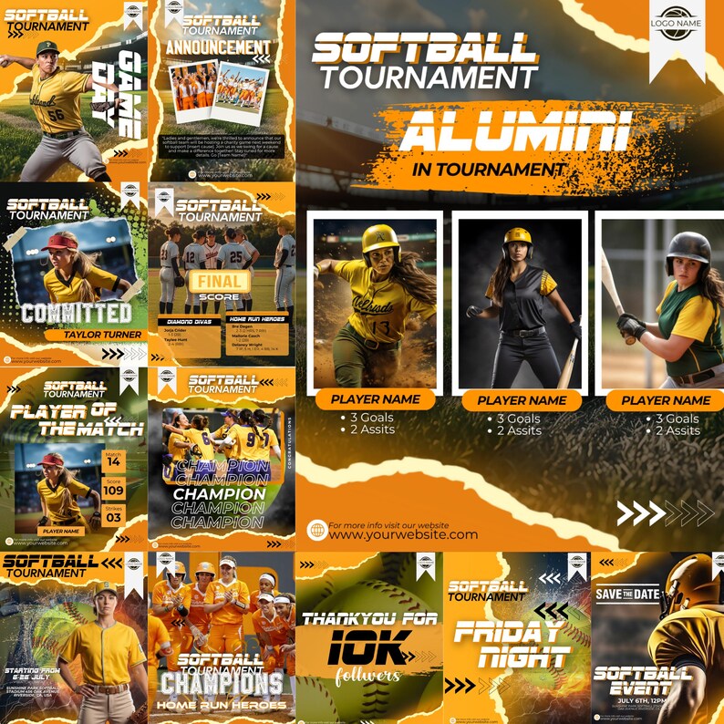 Pode incluir: Um folheto digital para um torneio de softbol com v&aacute;rios pain&eacute;is apresentando fotos de a&ccedil;&atilde;o de jogadores em uniformes amarelos e pretos, sobreposi&ccedil;&otilde;es de texto incluindo Softball Tournament, Alumni e detalhes do site, e elementos gr&aacute;ficos em laranja e preto.