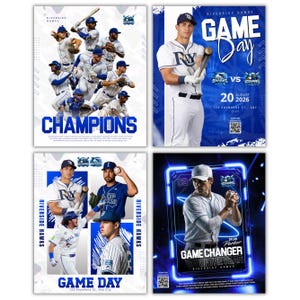 May include: Four baseball-themed posters. One poster features a team of players with the word "CHAMPIONS". Another poster says "GAME DAY" with the date and teams. The third poster also says "GAME DAY". The last poster says "GAME CHANGER OF THE YEAR".