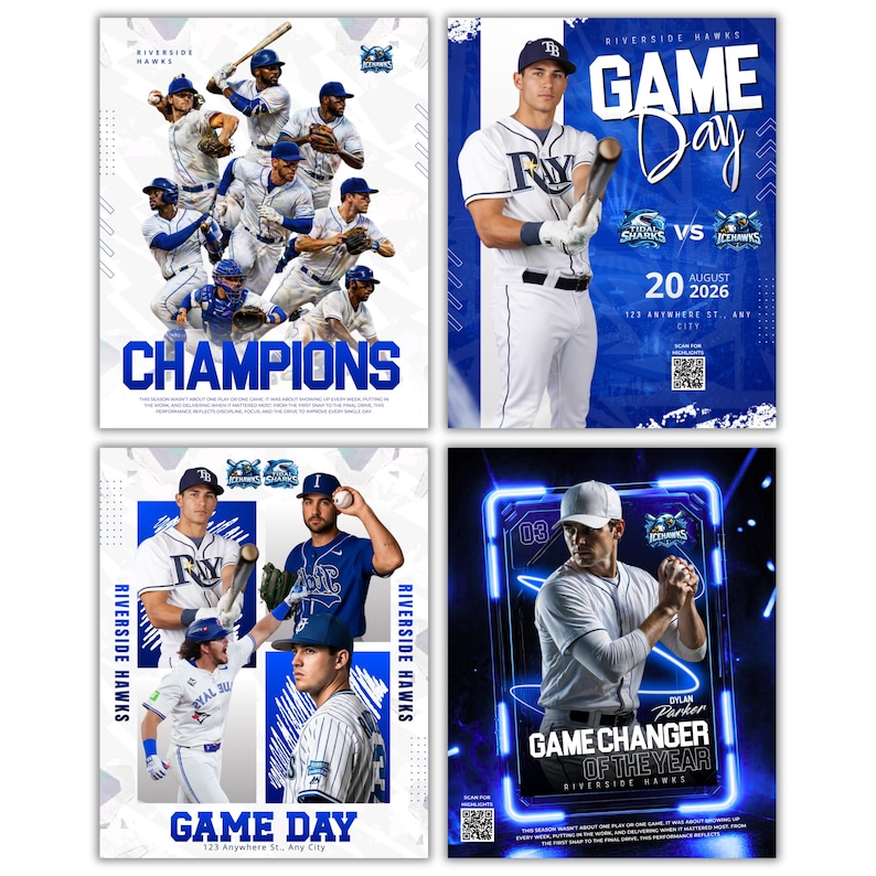 May include: Four baseball-themed posters. One poster features a team of players with the word "CHAMPIONS". Another poster says "GAME DAY" with the date and teams. The third poster also says "GAME DAY". The last poster says "GAME CHANGER OF THE YEAR".