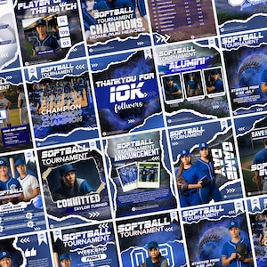 Könnte beinhalten: Eine Sammlung digitaler Social-Media-Vorlagen für Softball-Turniere mit blauen Farbschemata, gerissenen Papierkanten und grafischen Elementen wie Softball-Bildern, Spielerporträts, Turnierplänen und Text-Overlays.