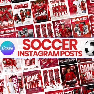 Puede incluir: Una colección de plantillas digitales para publicaciones de fútbol en Instagram con esquemas de color rojo y blanco, fotos de acción de jugadores con camisetas rojas, balones de fútbol y tipografía negrita con texto como Game Week y Champions.