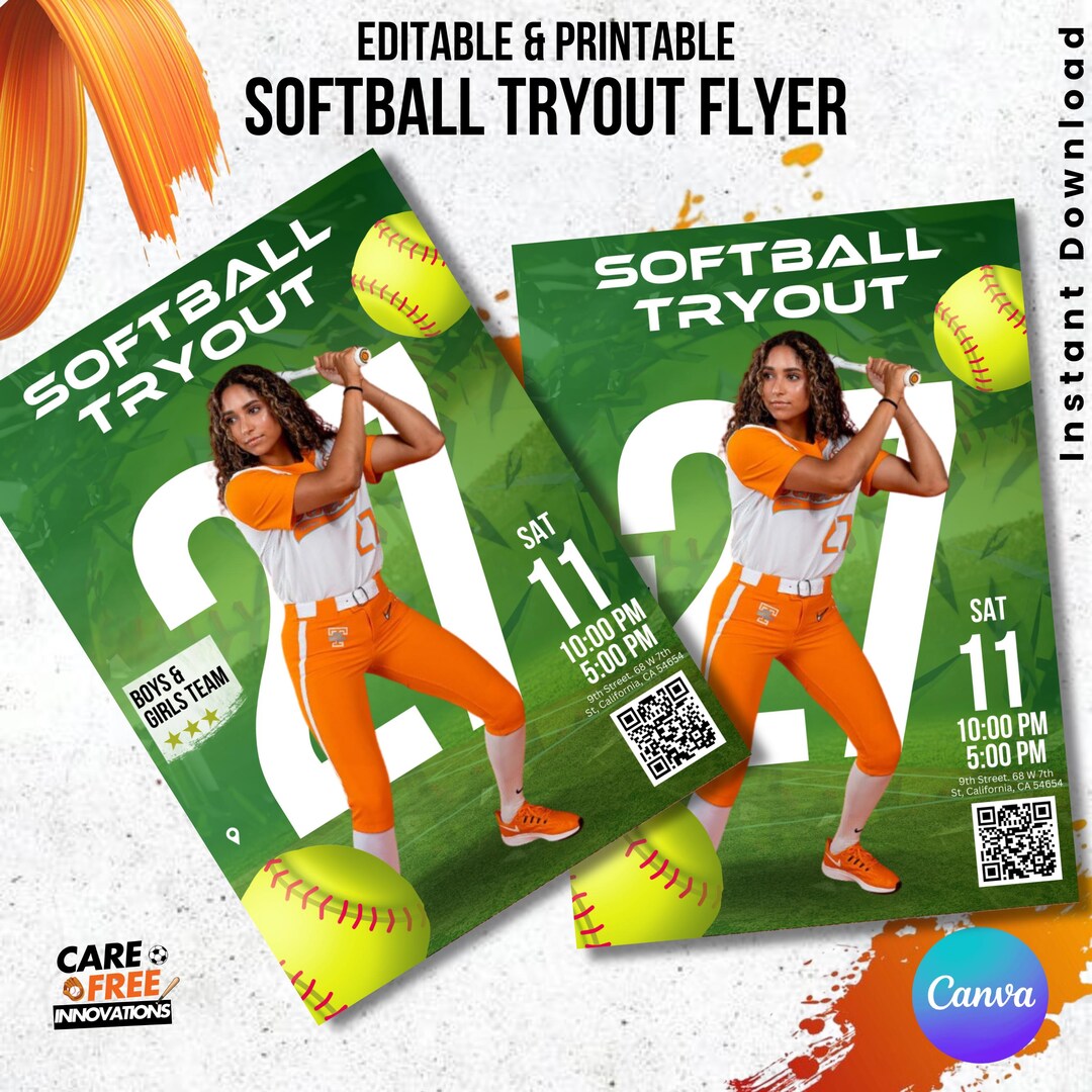 Softball Tryout Flyer, Two Sizes 5x7 & 8.5x11, Editable Softball ...