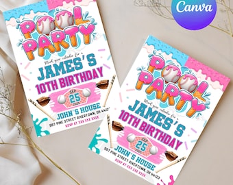 May include: Two invitations for a pool party with baseball and ice cream cone graphics. The invitations read "Pool Party" and "James's 10th Birthday" with the date September 25, 2025, and address information.