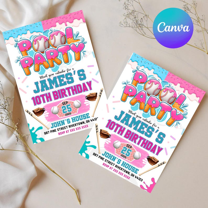 May include: Two invitations for a pool party with baseball and ice cream cone graphics. The invitations read "Pool Party" and "James's 10th Birthday" with the date September 25, 2025, and address information.