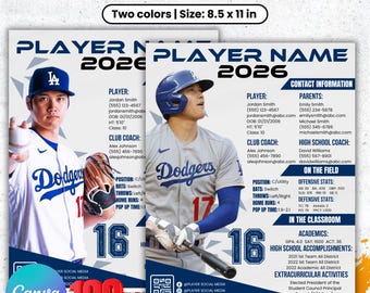 Puede incluir: Hojas de perfil deportivo en dos colores, 8,5 x 11 pulgadas. El diseño presenta dos perfiles de jugadores de béisbol con el texto "Player Name 2026". Cada perfil incluye información del jugador, datos de contacto y estadísticas.